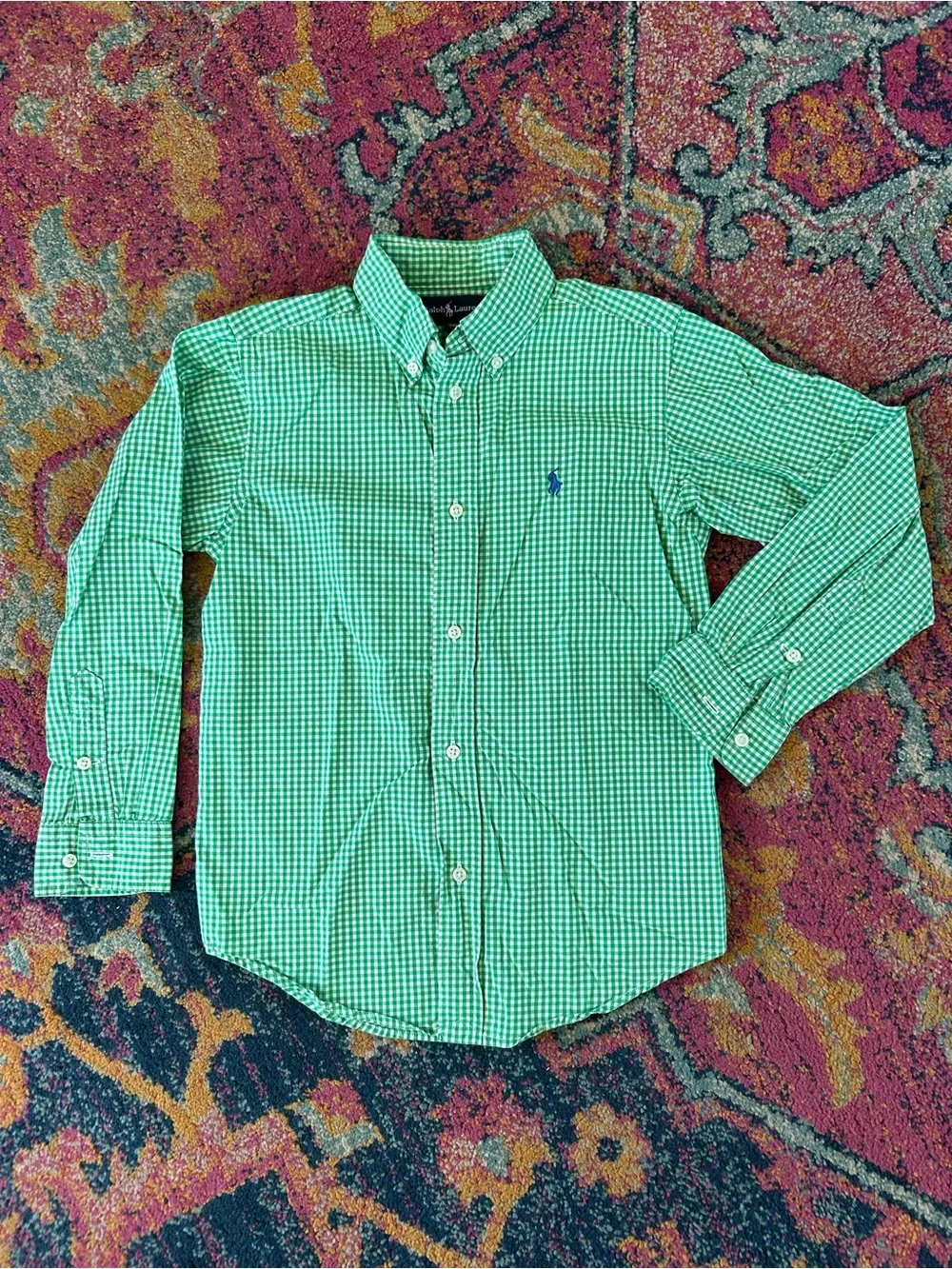 Ralph Lauren | Boys Green/White Gingham Long Sleeve Button Up Oxford Shirt Sz 7